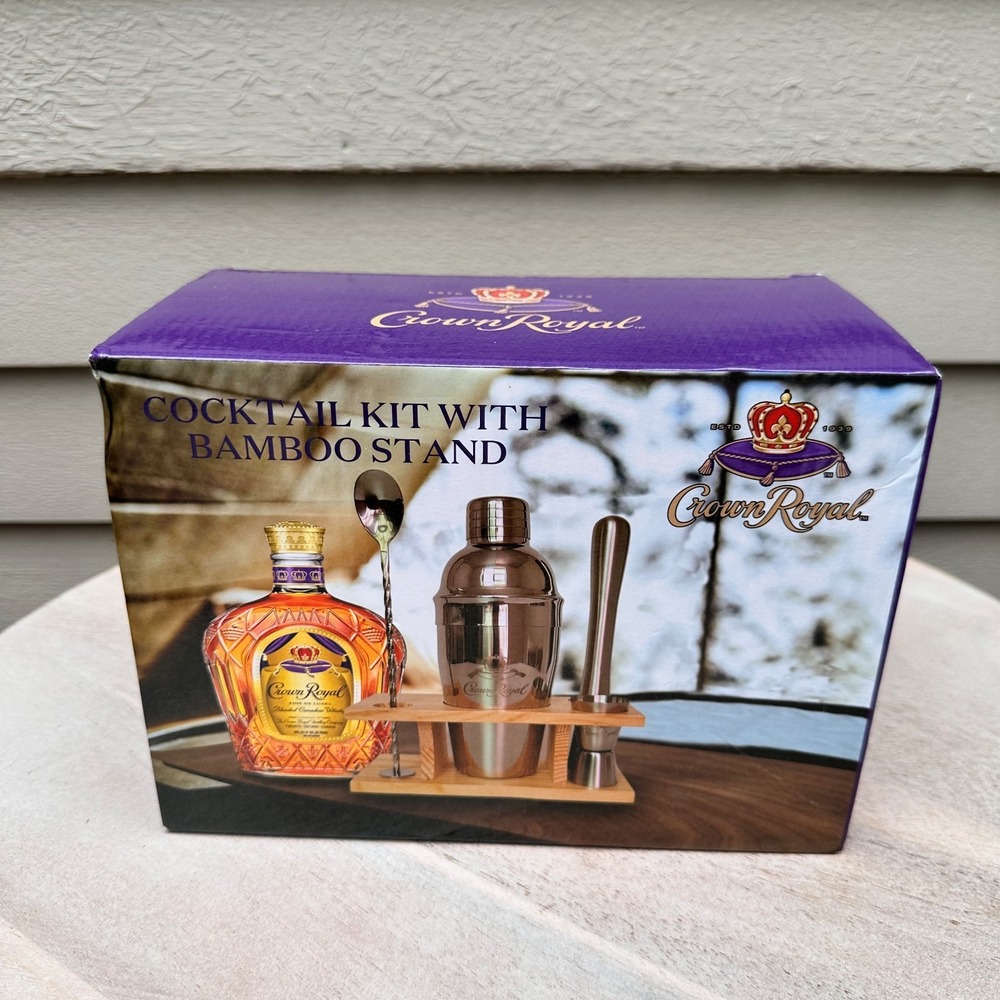 Crown Royal 5-piece Stainless Steel Cocktail Kit With Bamboo Stand New